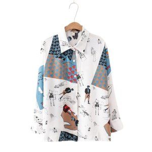 New White Blue Baroque Print Runway‎  Shirt Ladies Collar Women Slim Blouse